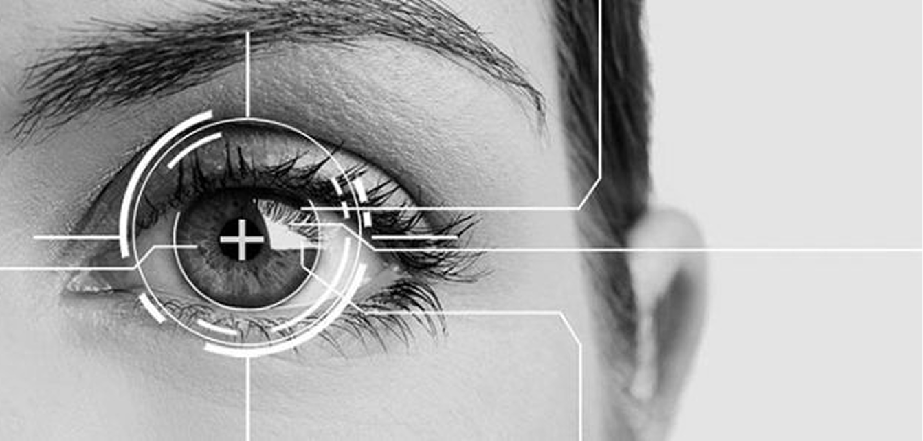 Close-up of an eye with digital contact lens overlay