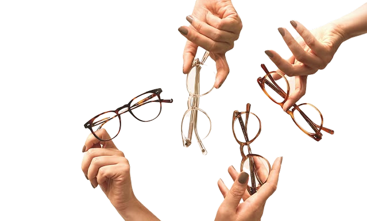 Hands holding assorted stylish eyewear frames