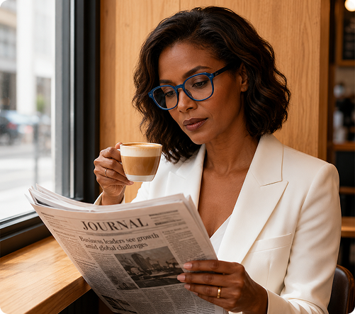 Woman reading a newspaper with reading glasses